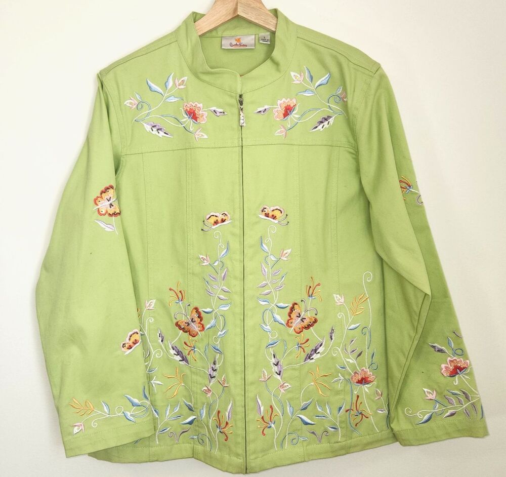 Quacker Factory Embroidered Butterfly Floral Full Zip Twill Jacket LARGE